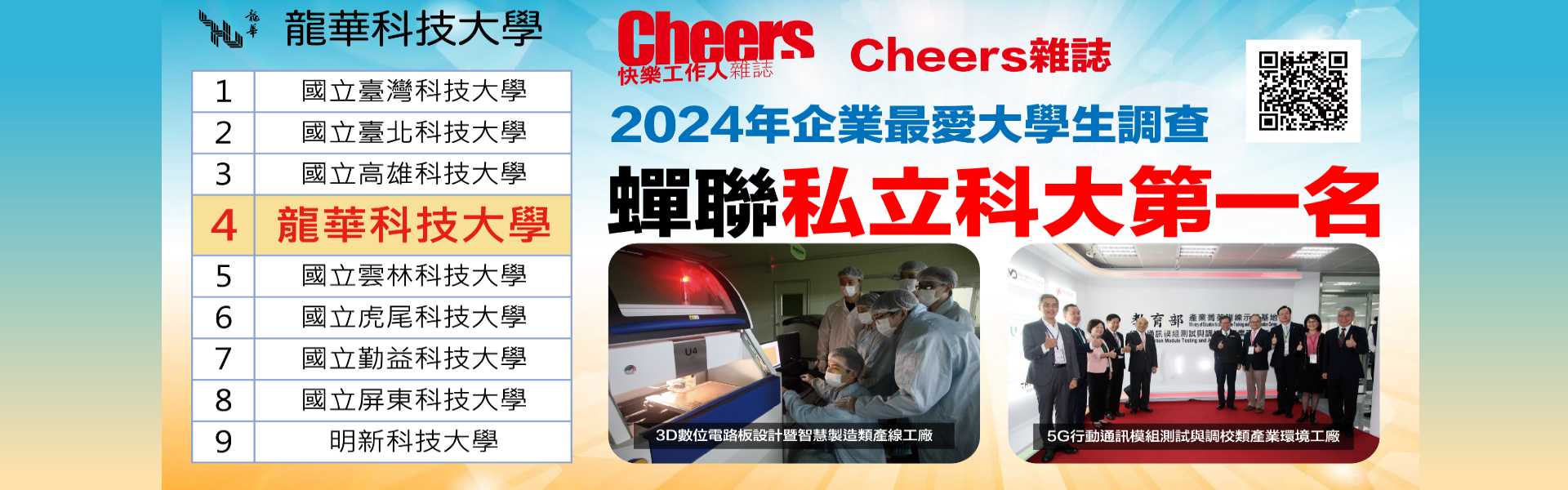 宣傳圖示(內容為龍華科大2024企業最愛大學生續獲私立科大第一,全國科大第四)